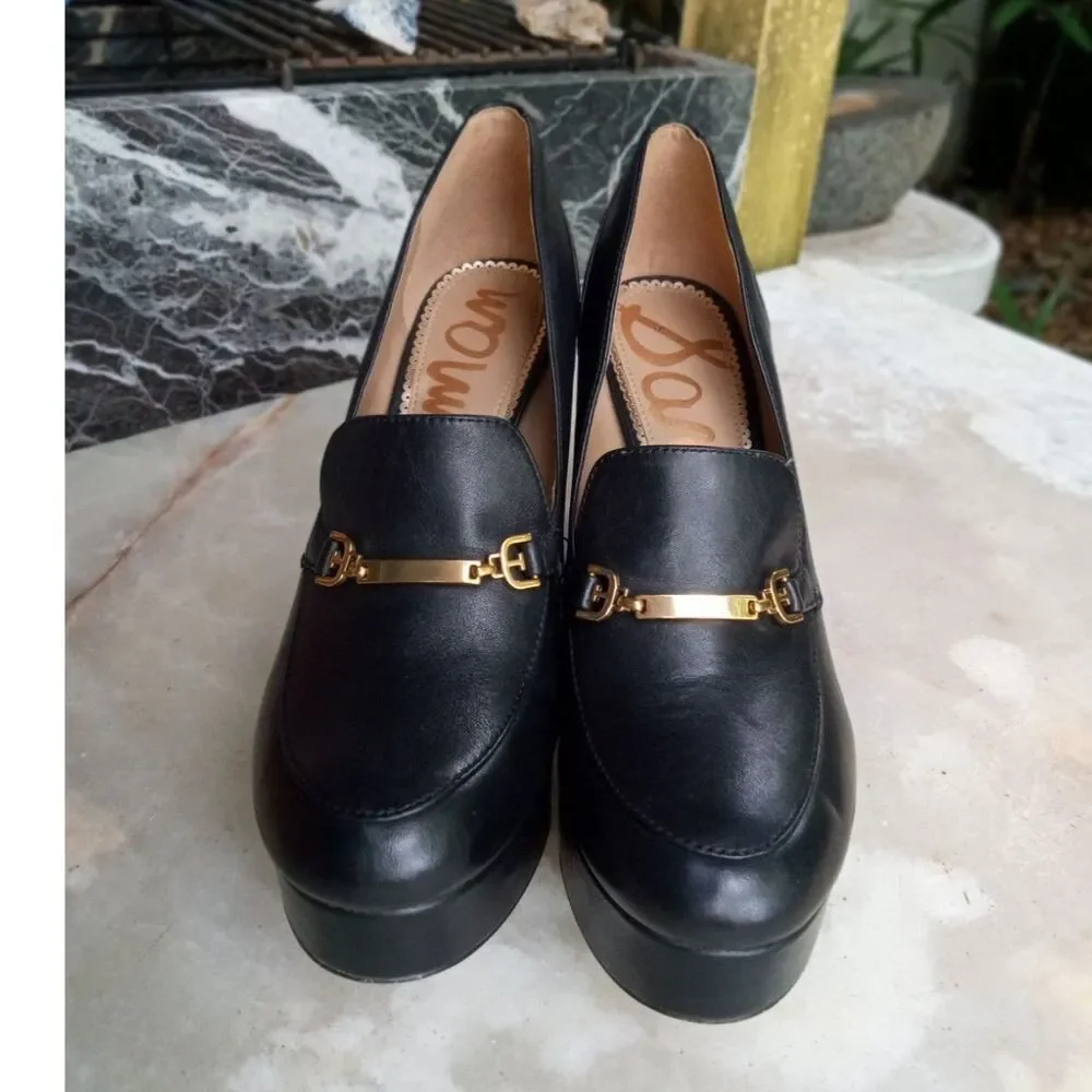 Sam Edelman Aurelie Black Leather Platform Heel Chunky Bit Loafer Size 8